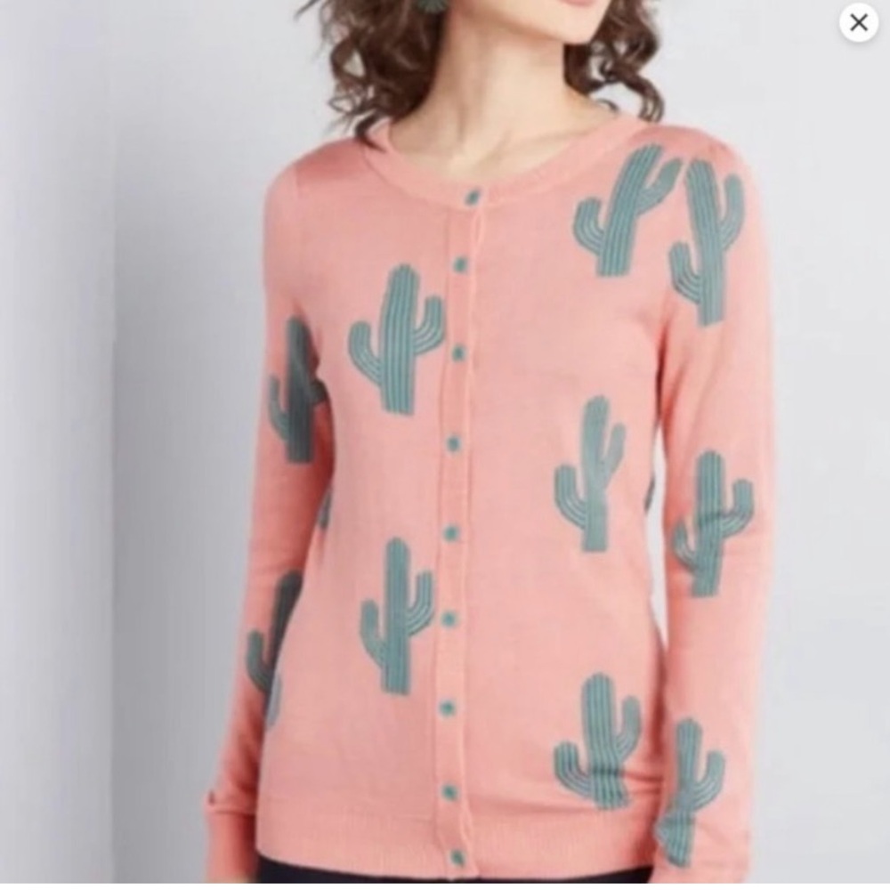 Modcloth Coral Pink Cardigan with Teal Cactus Accents